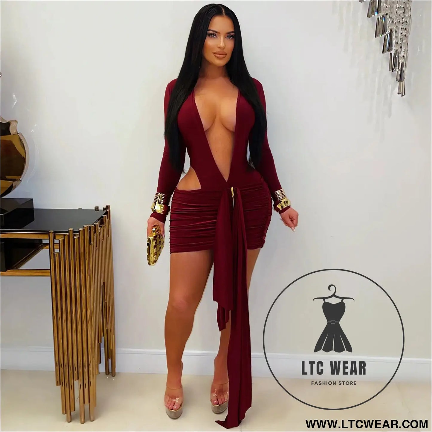 Fashion women’s sexy deep v neck solid color ribbon dress mini dress