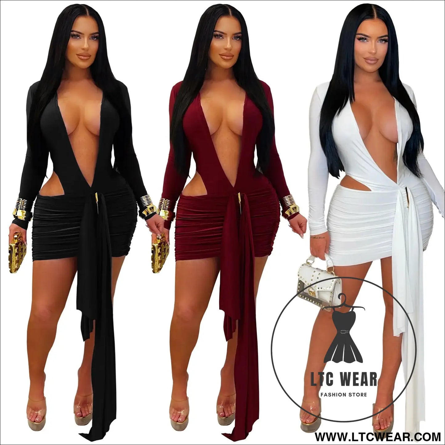 Fashion women’s sexy deep v neck solid color ribbon dress mini dress