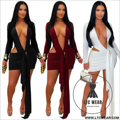 Fashion women’s sexy deep v neck solid color ribbon dress mini dress