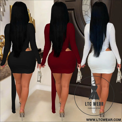 Fashion women’s sexy deep v neck solid color ribbon dress mini dress