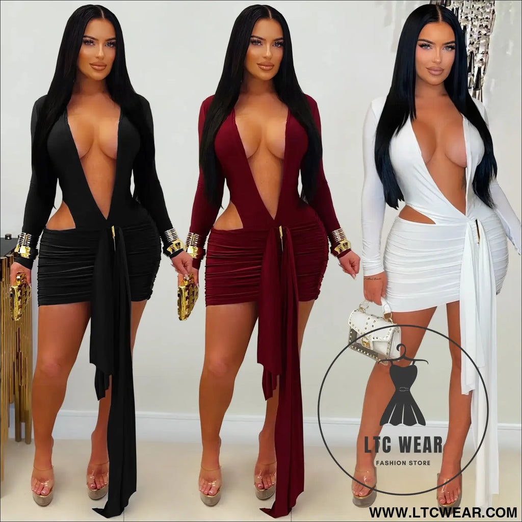 Fashion women’s sexy deep v neck solid color ribbon dress mini dress