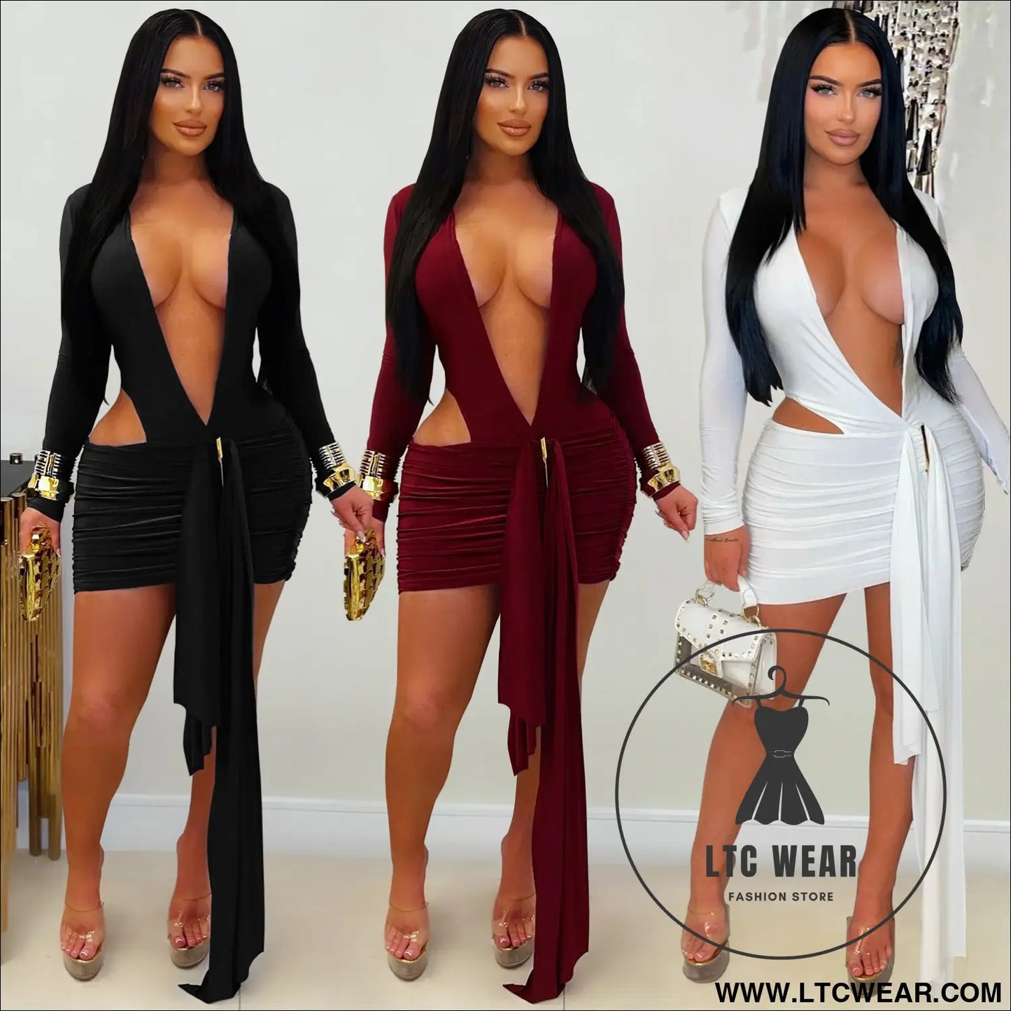 Fashion women’s sexy deep v neck solid color ribbon dress mini dress
