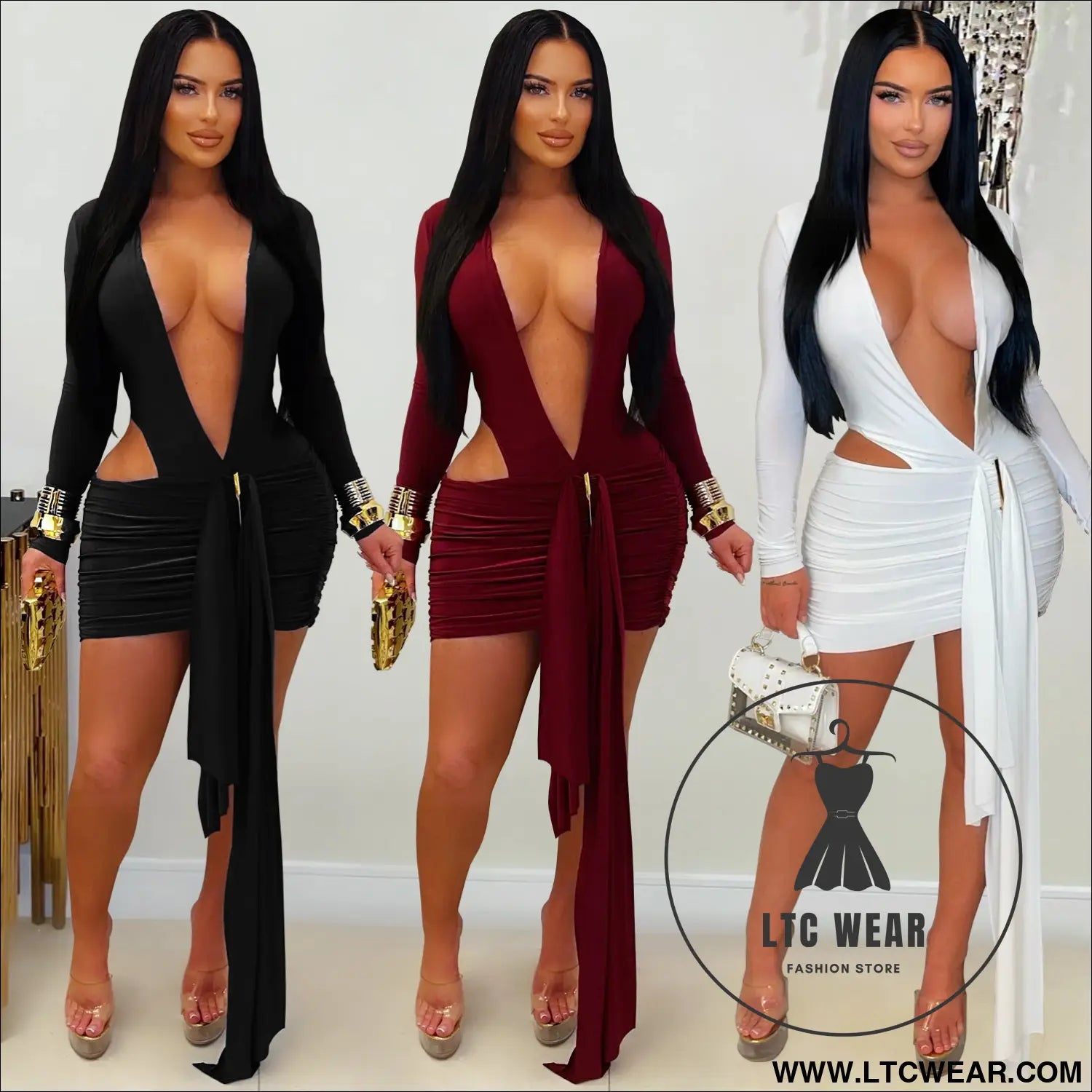 Fashion women’s sexy deep v neck solid color ribbon dress mini dress