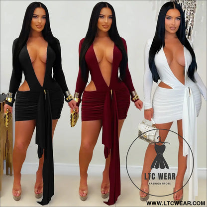 Fashion women’s sexy deep v neck solid color ribbon dress mini dress
