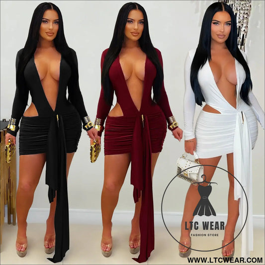 Fashion women’s sexy deep v neck solid color ribbon dress mini dress