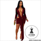 Fashion women’s sexy deep v neck solid color ribbon dress mini dress - burgundy / s