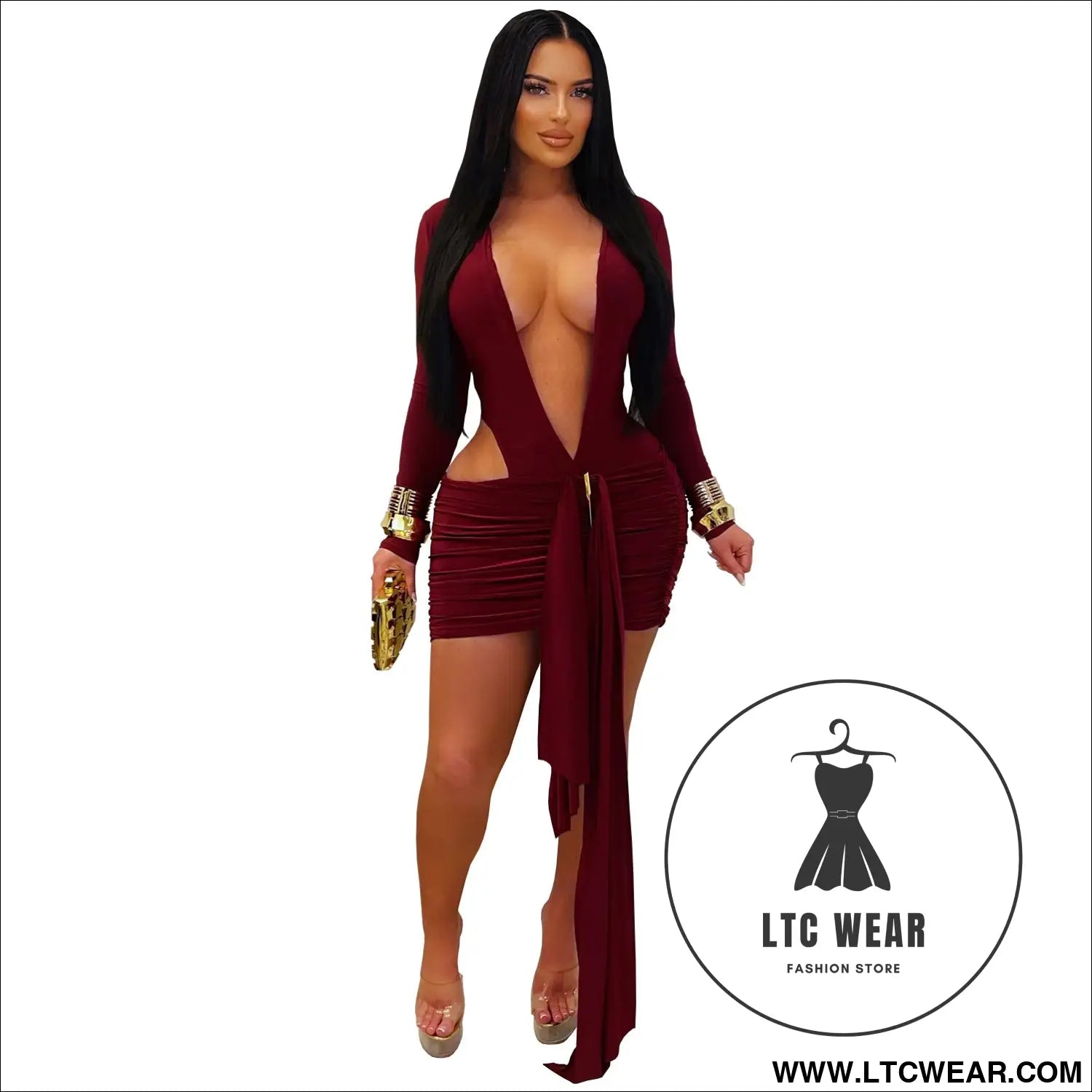 Fashion women’s sexy deep v neck solid color ribbon dress mini dress - burgundy / s