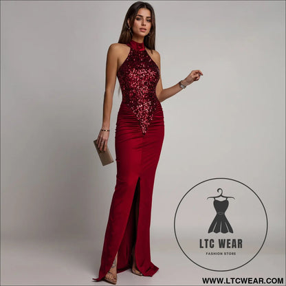 Fashion women’s sexy fitted sequin velvet split dress