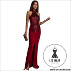 Fashion women’s sexy fitted sequin velvet split dress - burgundy / s