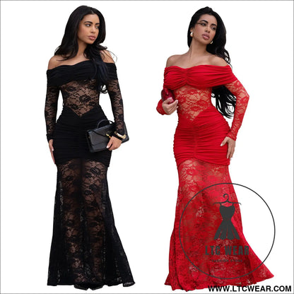 Fashion women’s sexy one-shoulder lace bodycon dress