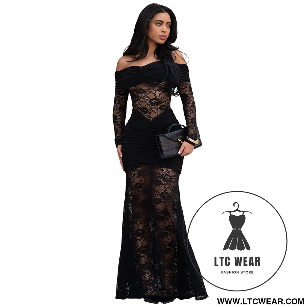 Fashion women’s sexy one-shoulder lace bodycon dress - black / s