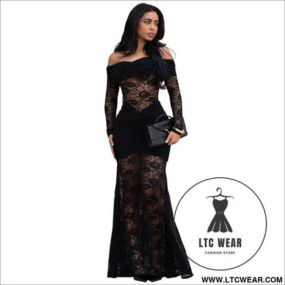 Fashion women’s sexy one-shoulder lace bodycon dress - black / s