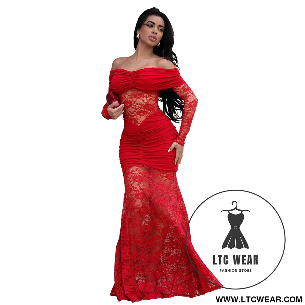 Fashion women’s sexy one-shoulder lace bodycon dress - red / s