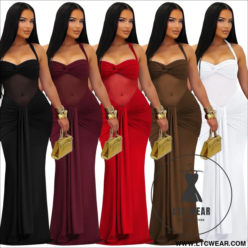 Fashion women’s sexy sheer mesh halter tie-back dress