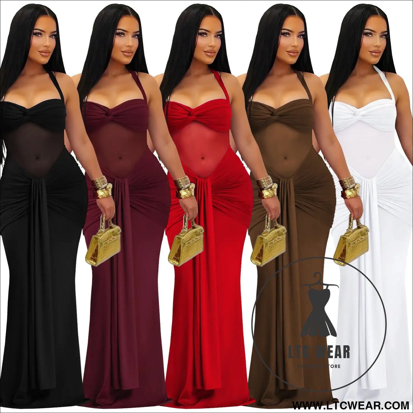 Fashion women’s sexy sheer mesh halter tie-back dress