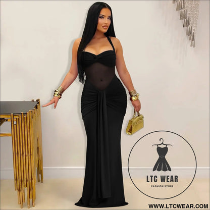 Fashion women’s sexy sheer mesh halter tie-back dress