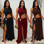 Fashion women’s sexy solid color sleeveless crop open fork dress