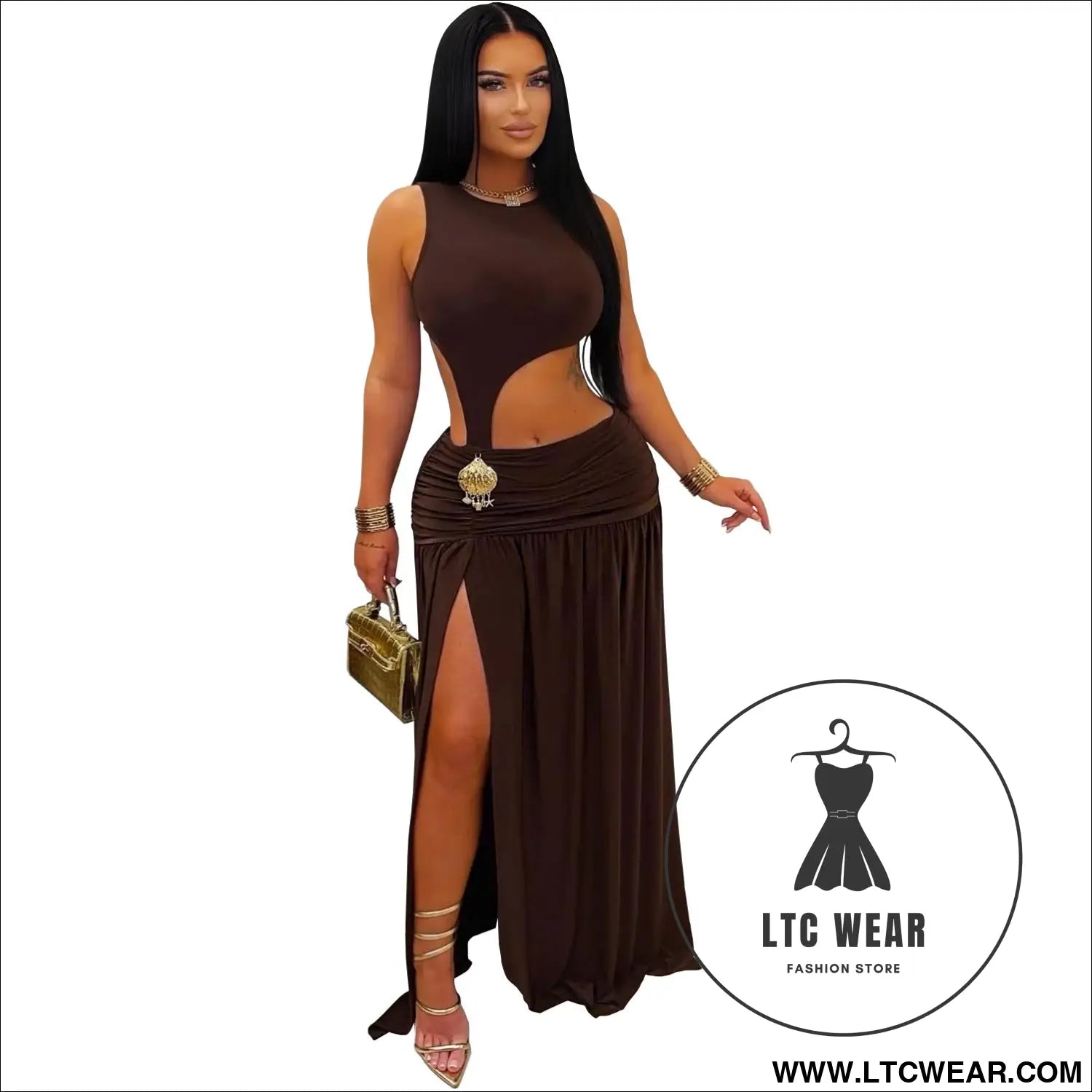 Fashion women’s sexy solid color sleeveless crop open fork dress - brown / s