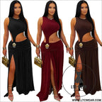 Fashion women’s sexy solid color sleeveless crop open fork dress