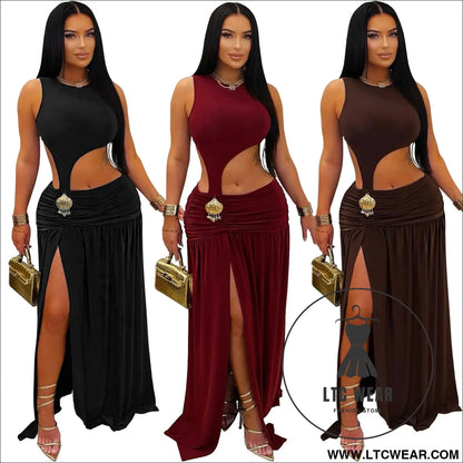 Fashion women’s sexy solid color sleeveless crop open fork dress