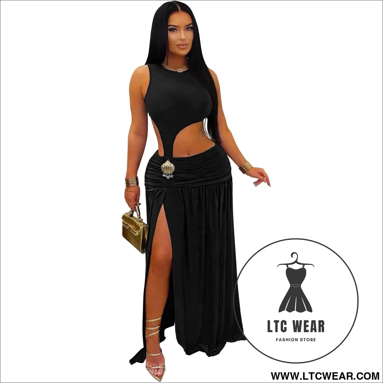 Fashion women’s sexy solid color sleeveless crop open fork dress - black / s