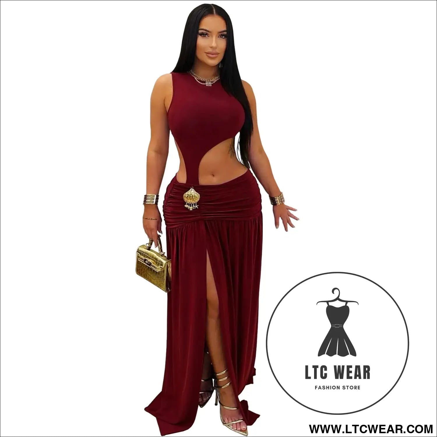 Fashion women’s sexy solid color sleeveless crop open fork dress - red wine / s