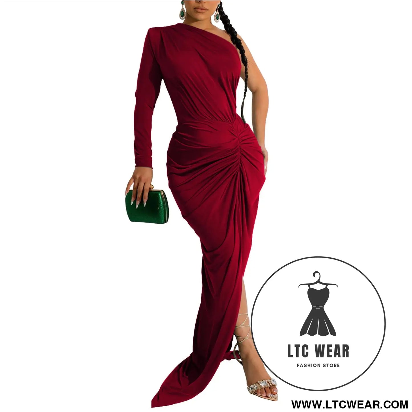 Fashion women’s solid color asymmetrical neck single long sleeve long dress with pleats - red wine / s