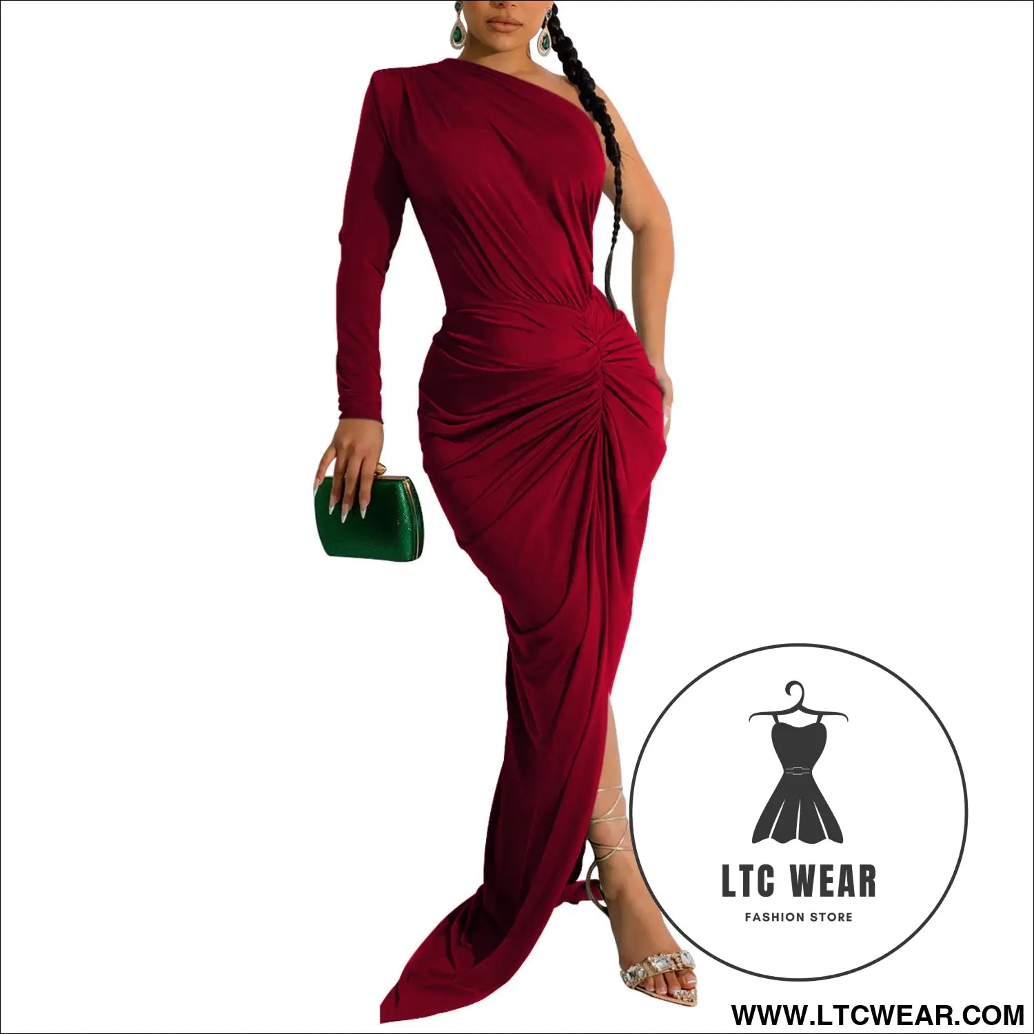 Fashion women’s solid color asymmetrical neck single long sleeve long dress with pleats - red wine / s