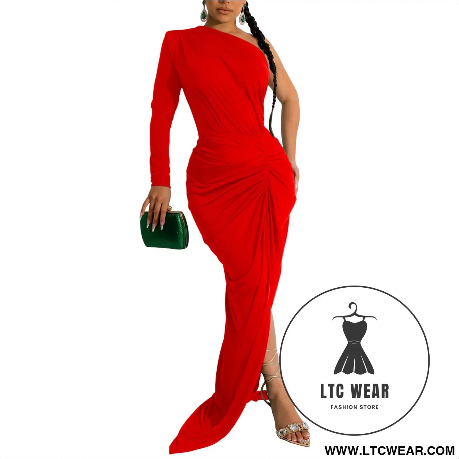 Fashion women’s solid color asymmetrical neck single long sleeve long dress with pleats - red / s
