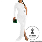 Fashion women’s solid color asymmetrical neck single long sleeve long dress with pleats - white / s