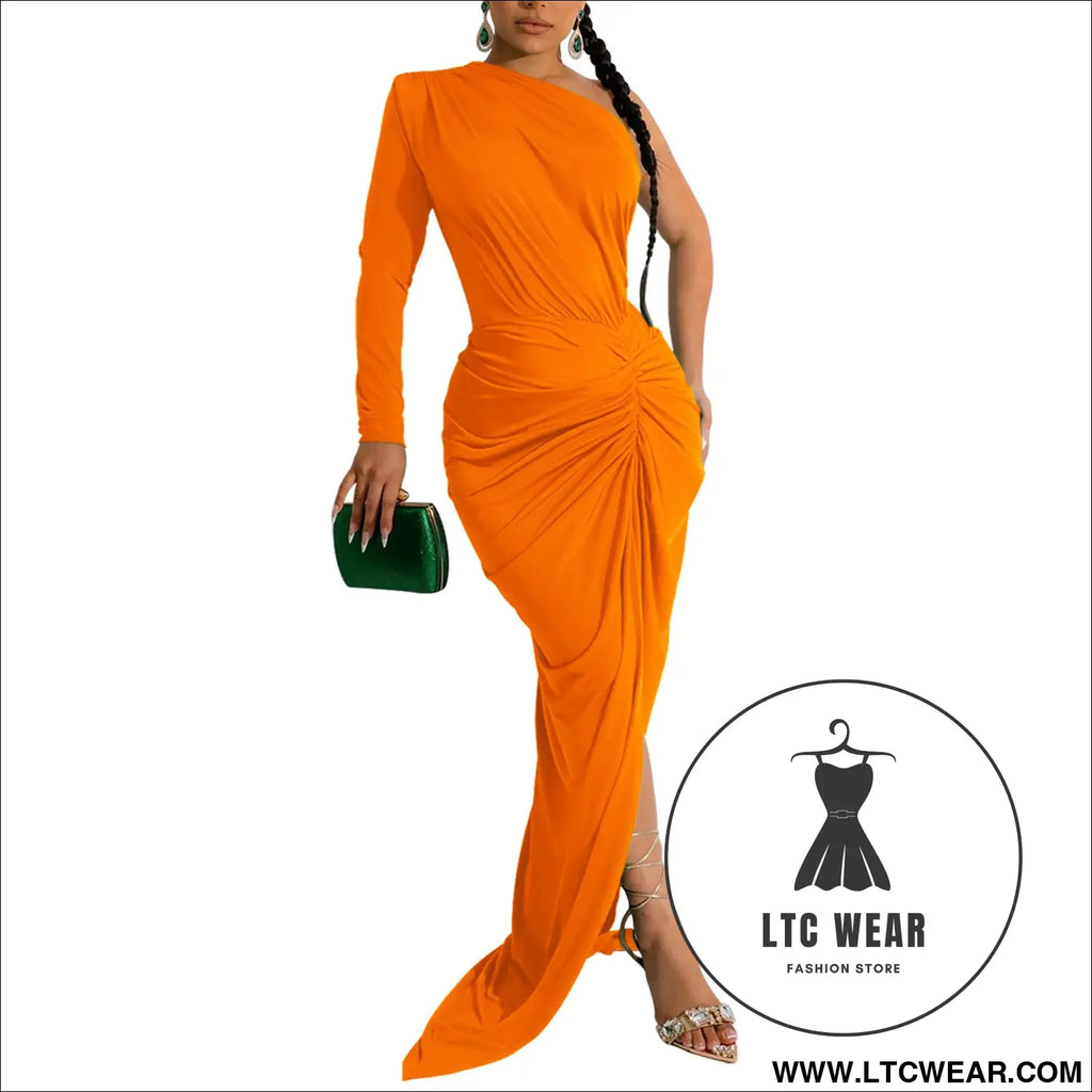 Fashion women’s solid color asymmetrical neck single long sleeve long dress with pleats - orange / s