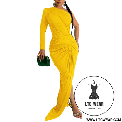 Fashion women’s solid color asymmetrical neck single long sleeve long dress with pleats - yellow / s