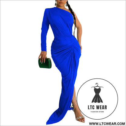 Fashion women’s solid color asymmetrical neck single long sleeve long dress with pleats - blue / s