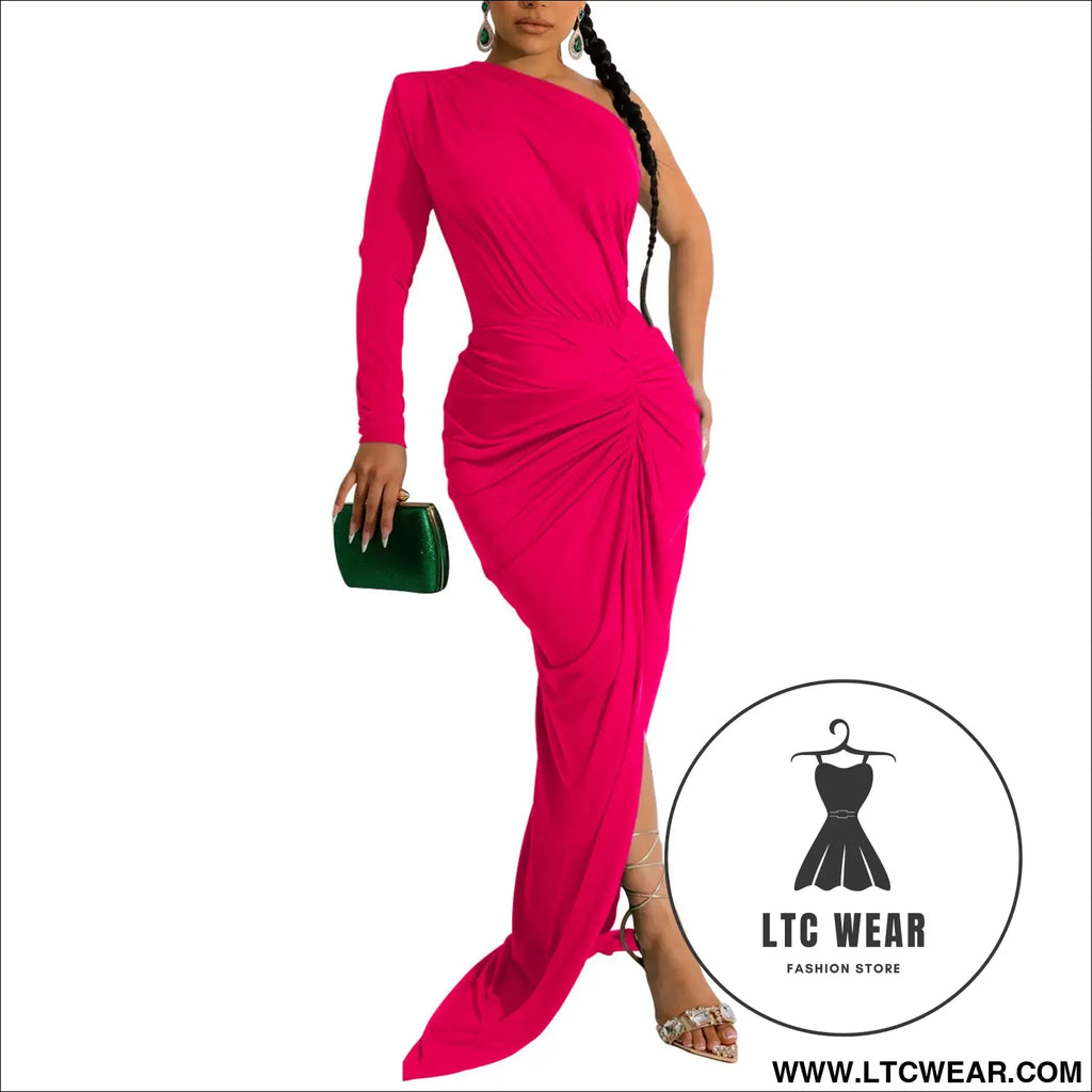 Fashion women’s solid color asymmetrical neck single long sleeve long dress with pleats - pink / s