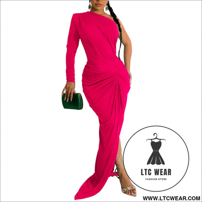 Fashion women’s solid color asymmetrical neck single long sleeve long dress with pleats - pink / s