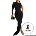 Fashion women’s solid color asymmetrical neck single long sleeve long dress with pleats - black / s