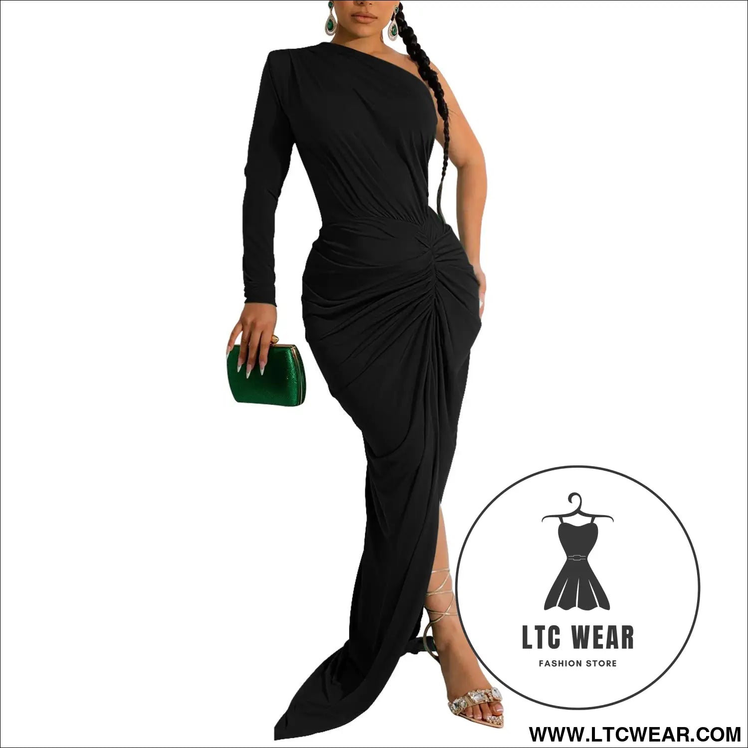 Fashion women’s solid color asymmetrical neck single long sleeve long dress with pleats - black / s