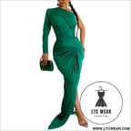 Fashion women’s solid color asymmetrical neck single long sleeve long dress with pleats - green / s