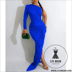 Fashion women’s solid color asymmetrical neck single long sleeve long dress with pleats