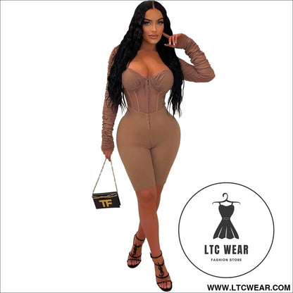 Fashion women’s solid color long sleeve short pants mesh sheer jumpsuit - brown / s