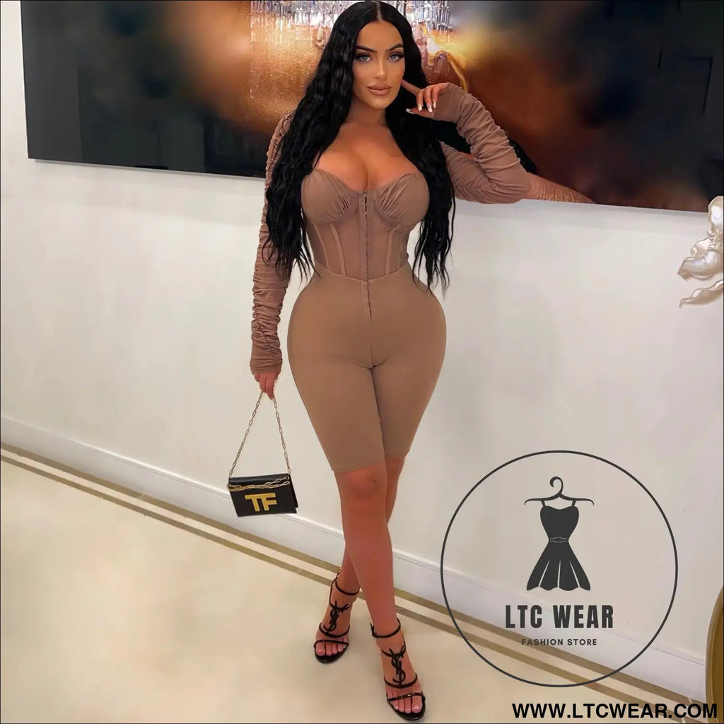 Fashion women’s solid color long sleeve short pants mesh sheer jumpsuit