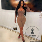Fashion women’s solid color long sleeve short pants mesh sheer jumpsuit