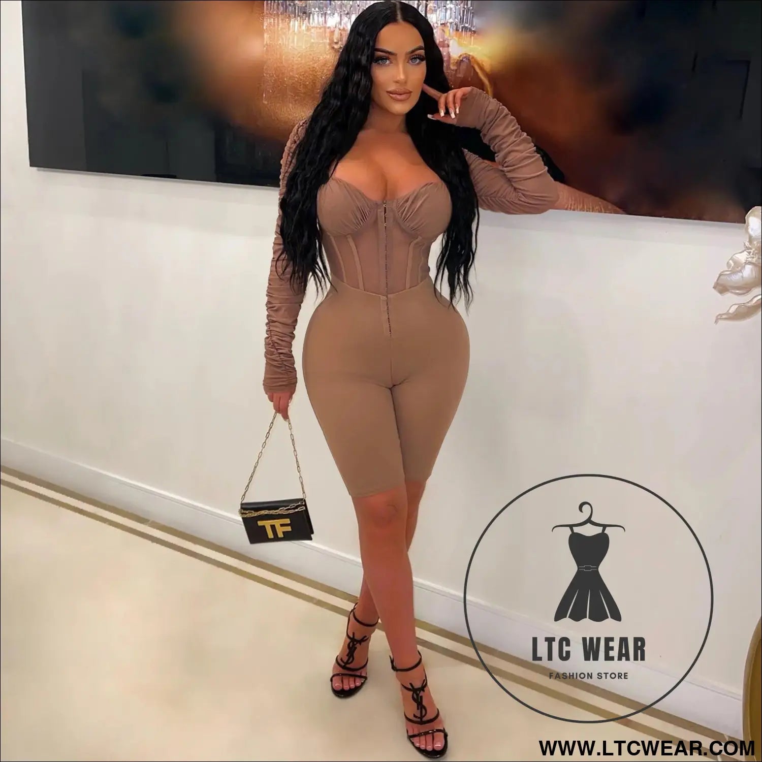 Fashion women’s solid color long sleeve short pants mesh sheer jumpsuit