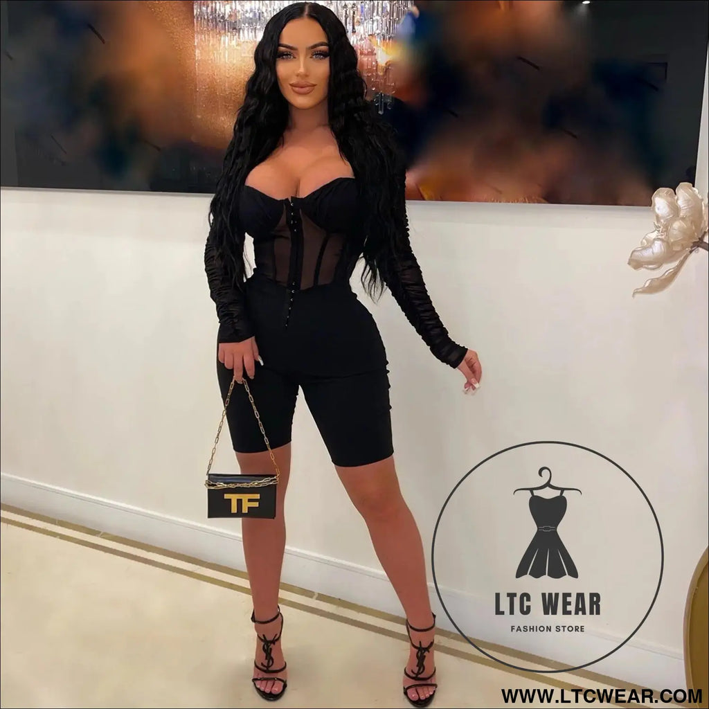 Fashion women’s solid color long sleeve short pants mesh sheer jumpsuit