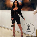 Fashion women’s solid color long sleeve short pants mesh sheer jumpsuit