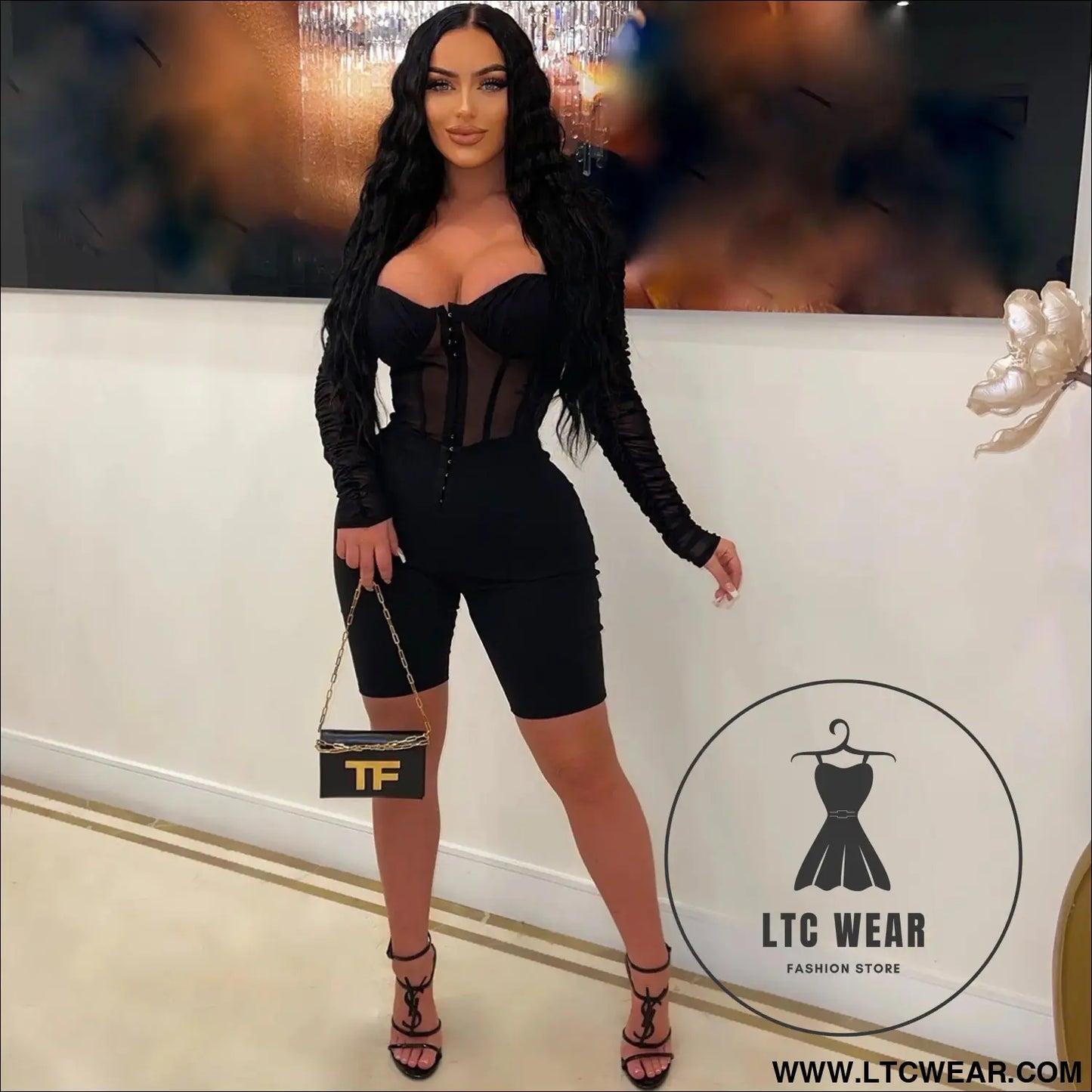 Fashion women’s solid color long sleeve short pants mesh sheer jumpsuit