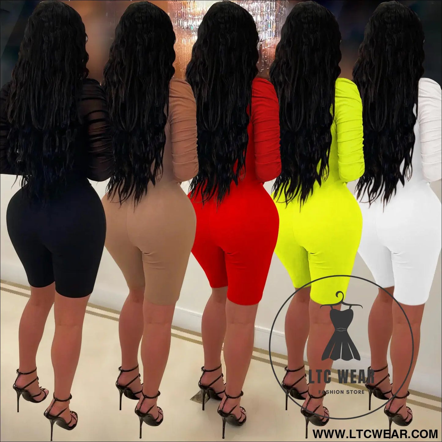 Fashion women’s solid color long sleeve short pants mesh sheer jumpsuit