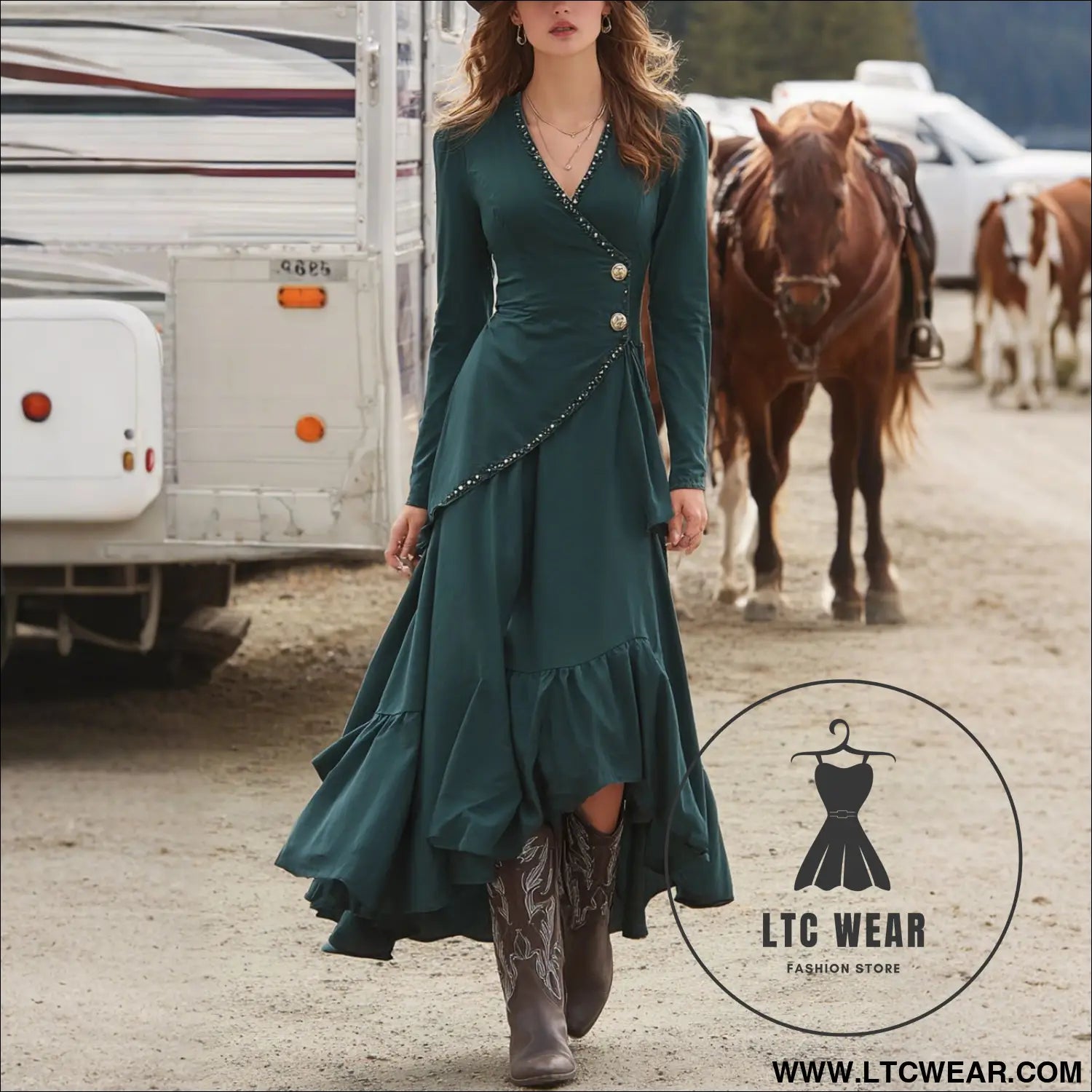 Fashionable french style elegant women’s casual v-neck long sleeve dress - green / s