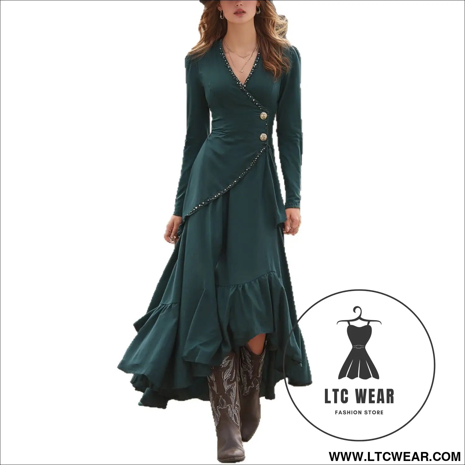 Fashionable french style elegant women’s casual v-neck long sleeve dress