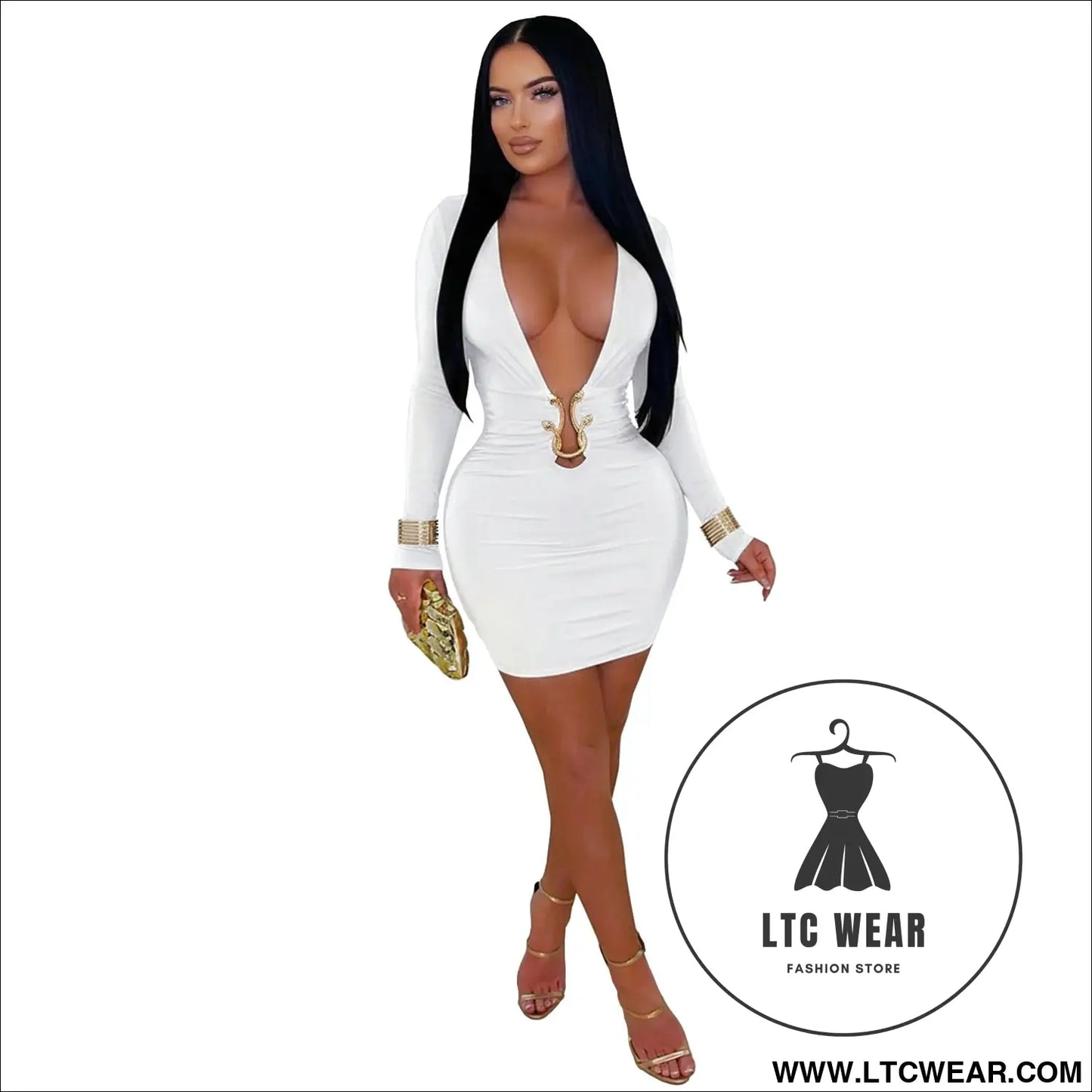 Fashionable women’s sexy deep v-neck bodycon dress with snake pattern accessories - white / s